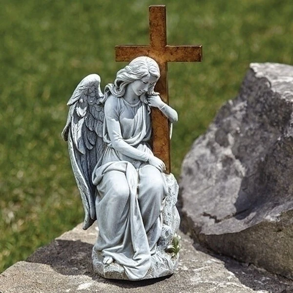Angel Holding Cross on Stone Statue