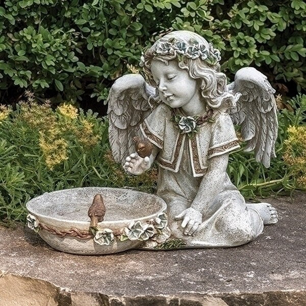 Angel Seated with Solar Bird Bath Garden Statue - Image 4