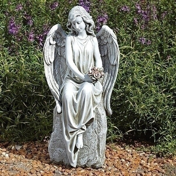 Angel Sitting on Rock Statue Holding Roses 17.75" High