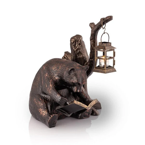 Bear Garden Lantern Book Lover Statue