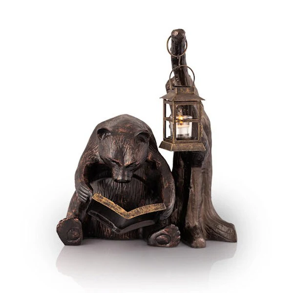 Bear Garden Lantern Book Lover Statue - Image 2