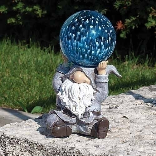 Blue Solar Light Gnome Statue with Glass Orb