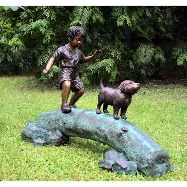 Boy Following Dog Across Log Bronze Statue