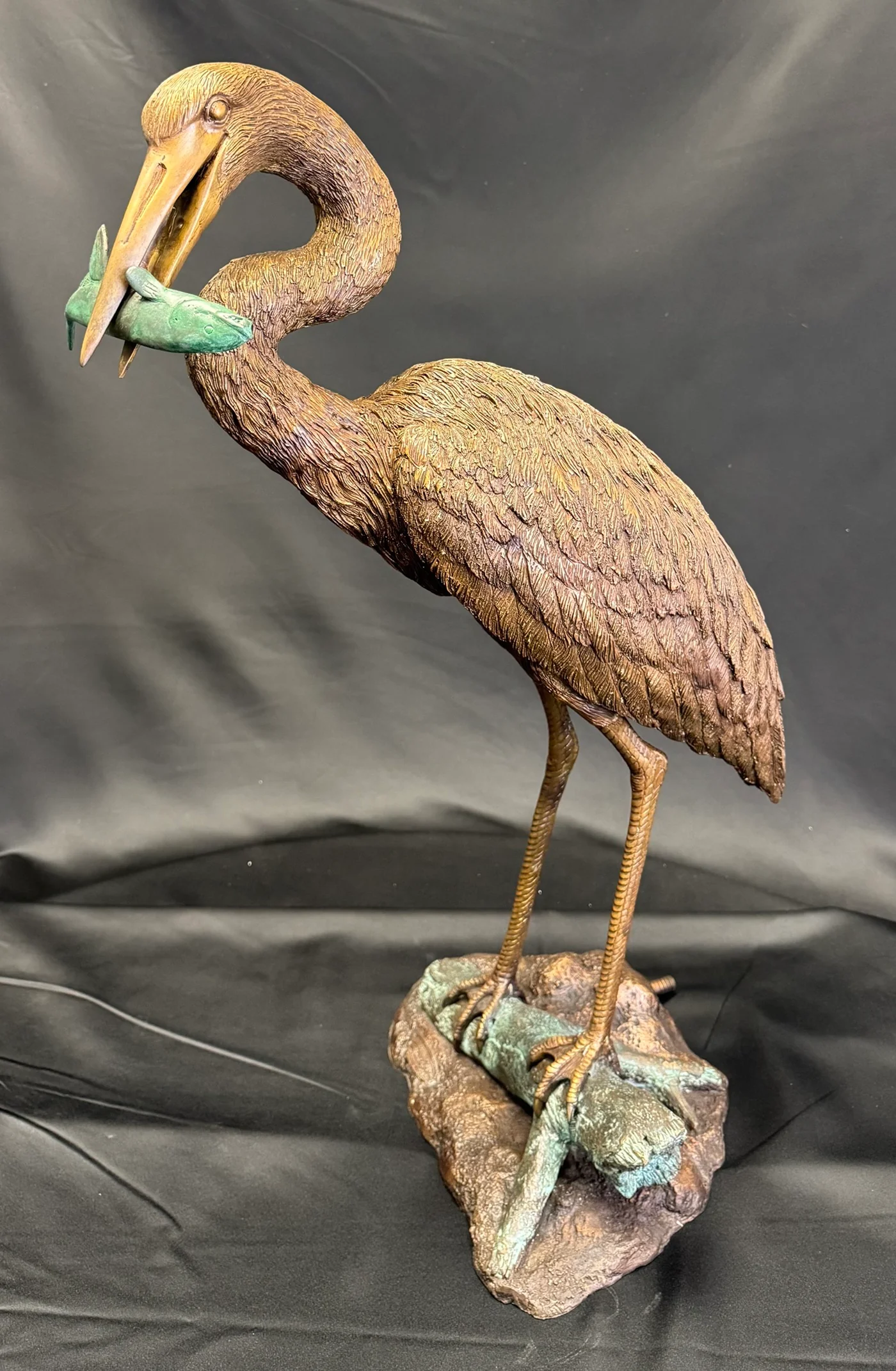 Bronze Fishing Heron Garden Water Feature Sculpture 32" High