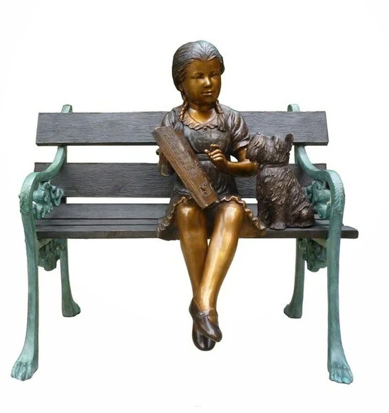 Bronze Reading Girl Sitting on Bench with Dog Statue - Image 3
