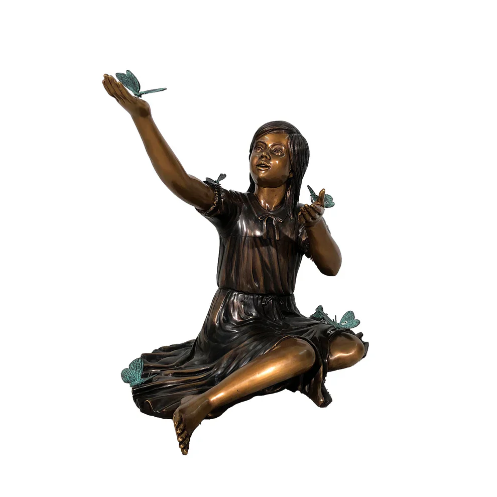 Bronze Sitting Girl with Butterflies Sculpture 30" High