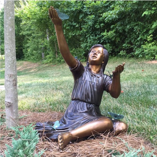 Bronze Sitting Girl with Butterflies Sculpture 30" High - Image 2
