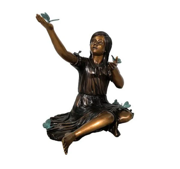 Bronze Sitting Girl with Butterflies Sculpture 30" High - Image 3