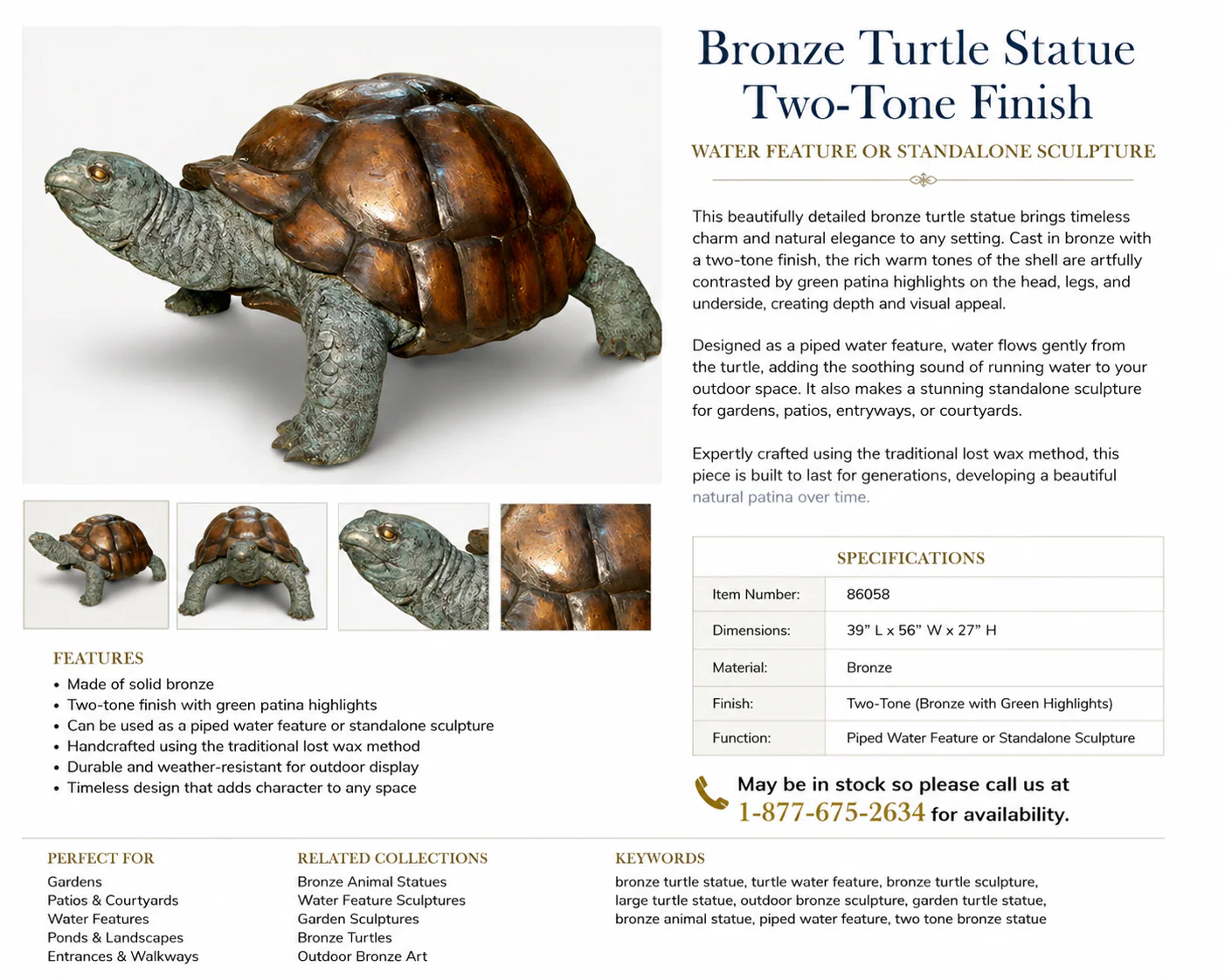 Bronze Turtle Statue Two-Tone Water Feature 27" High - Image 2