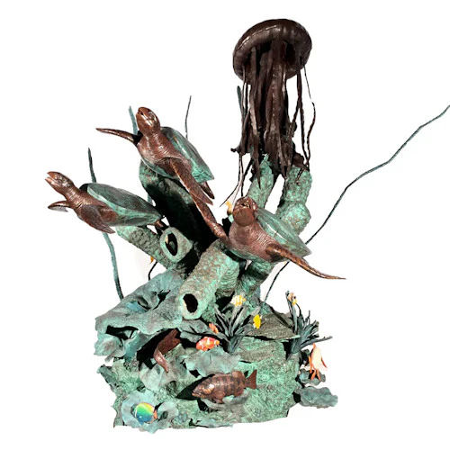Oceanic Fantasy Turtle & Jellyfish Fountain Water Feature Bronze - Image 5
