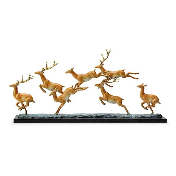 Leap Deer Herd Brass Sculpture on Marble Base