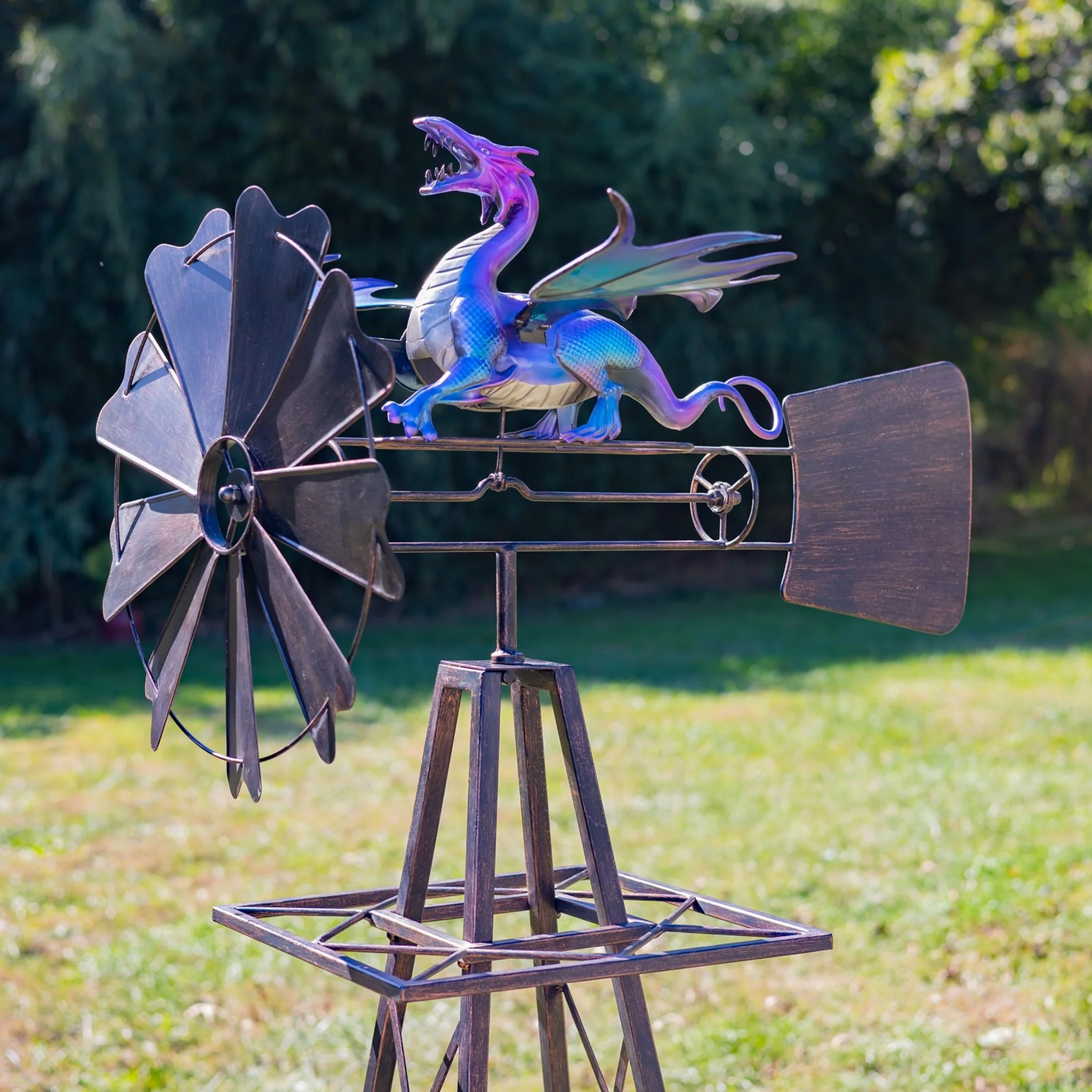 Iron Windmill with Flapping Iridescent Dragon & Weathervane 61.8" H