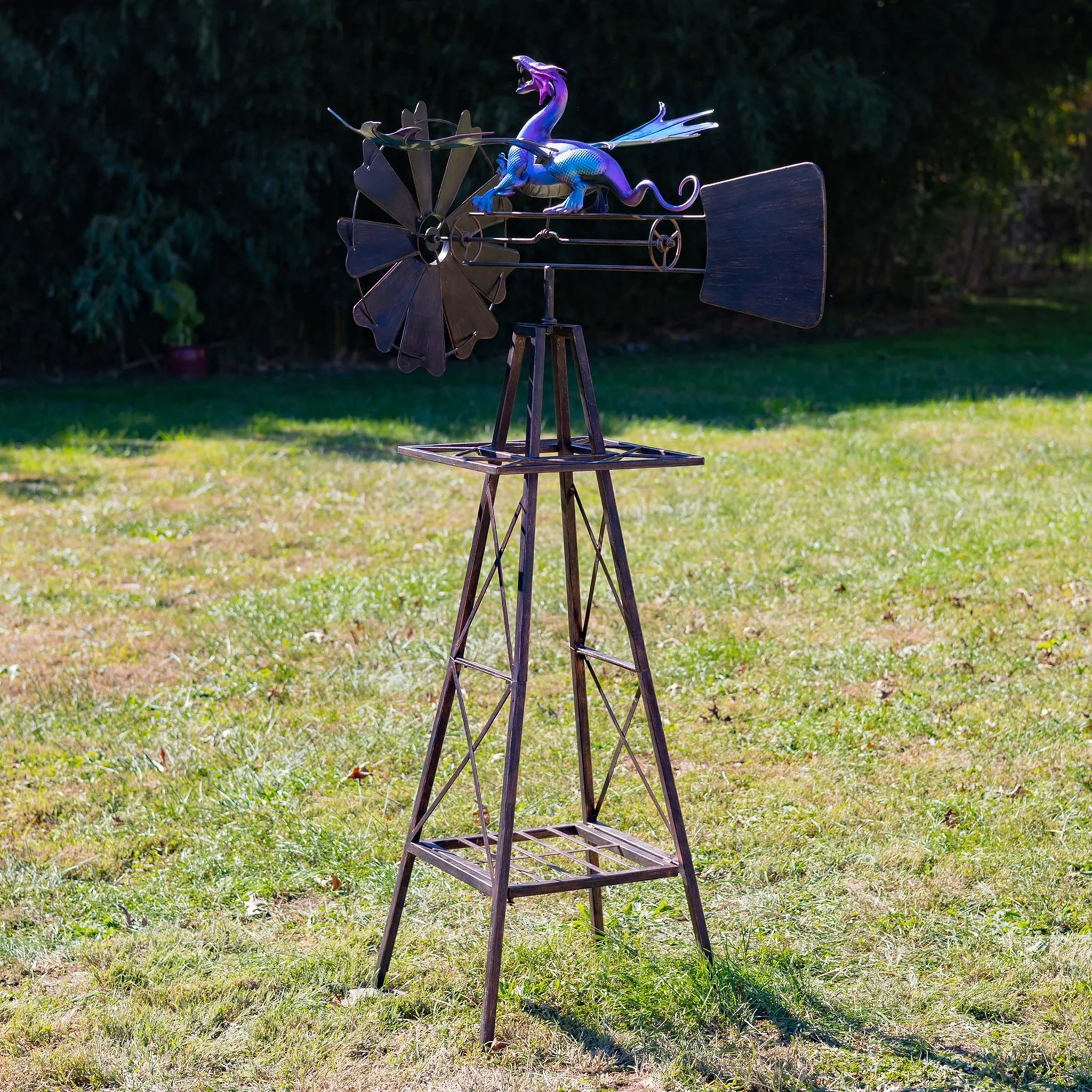 Iron Windmill with Flapping Iridescent Dragon & Weathervane 61.8" H - Image 2