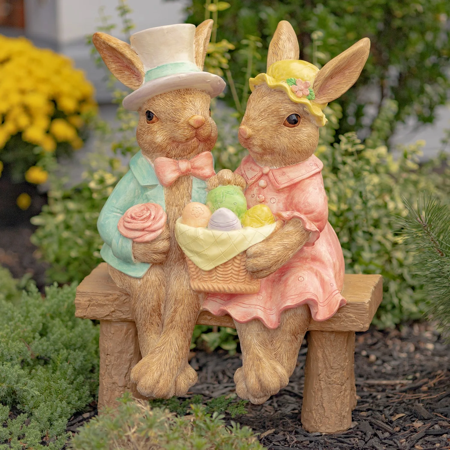 Easter Bunny Couple Bench Statue with Basket of Eggs