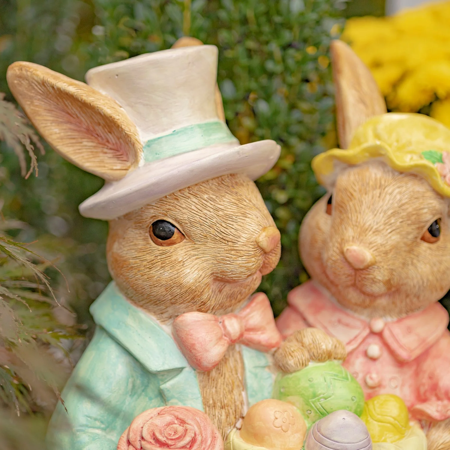 Easter Bunny Couple Bench Statue with Basket of Eggs - Image 2
