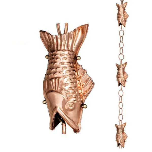 Fish Rain Chain Downspout Polished Copper