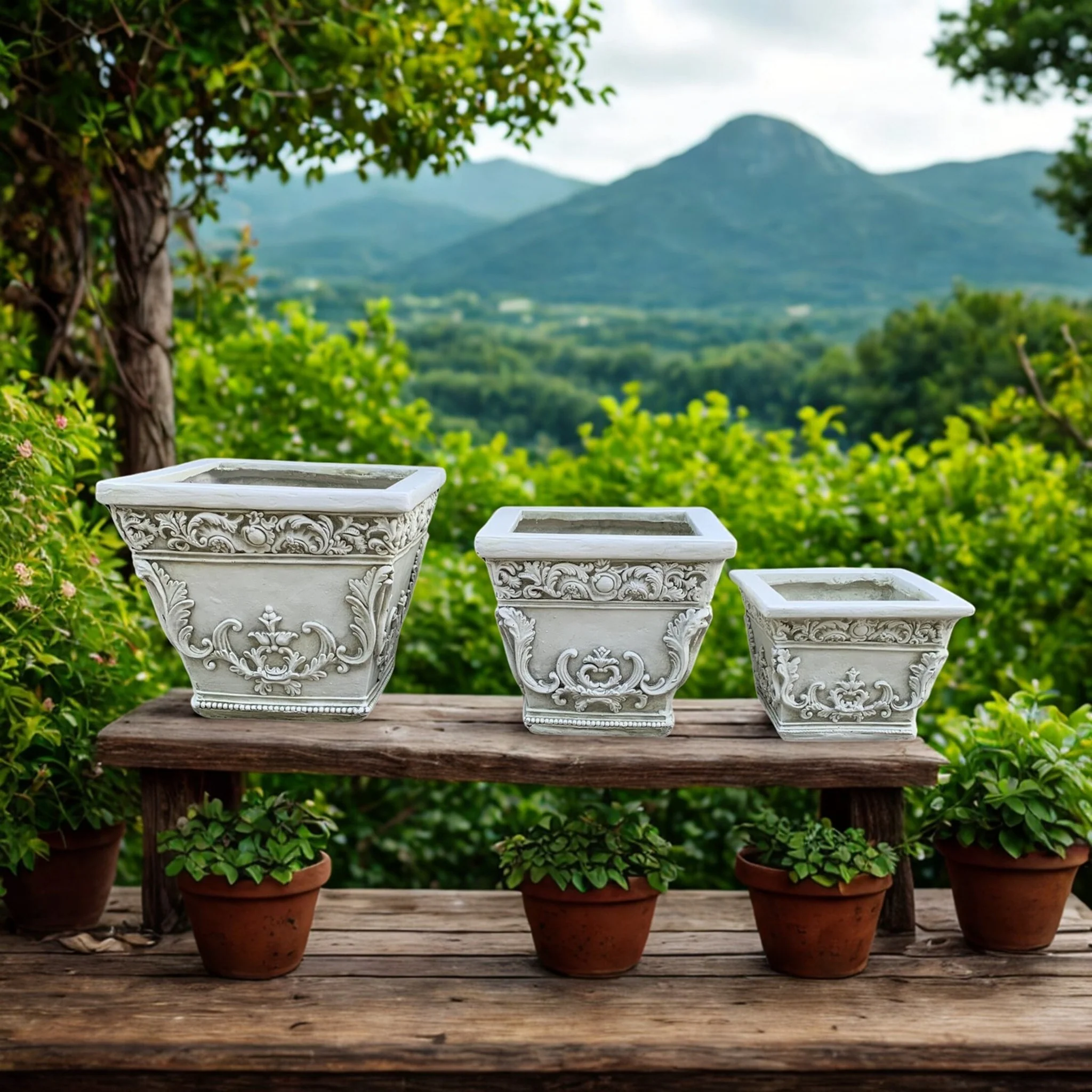 French Scrollwork Square Planters – Set of 3 Antique White
