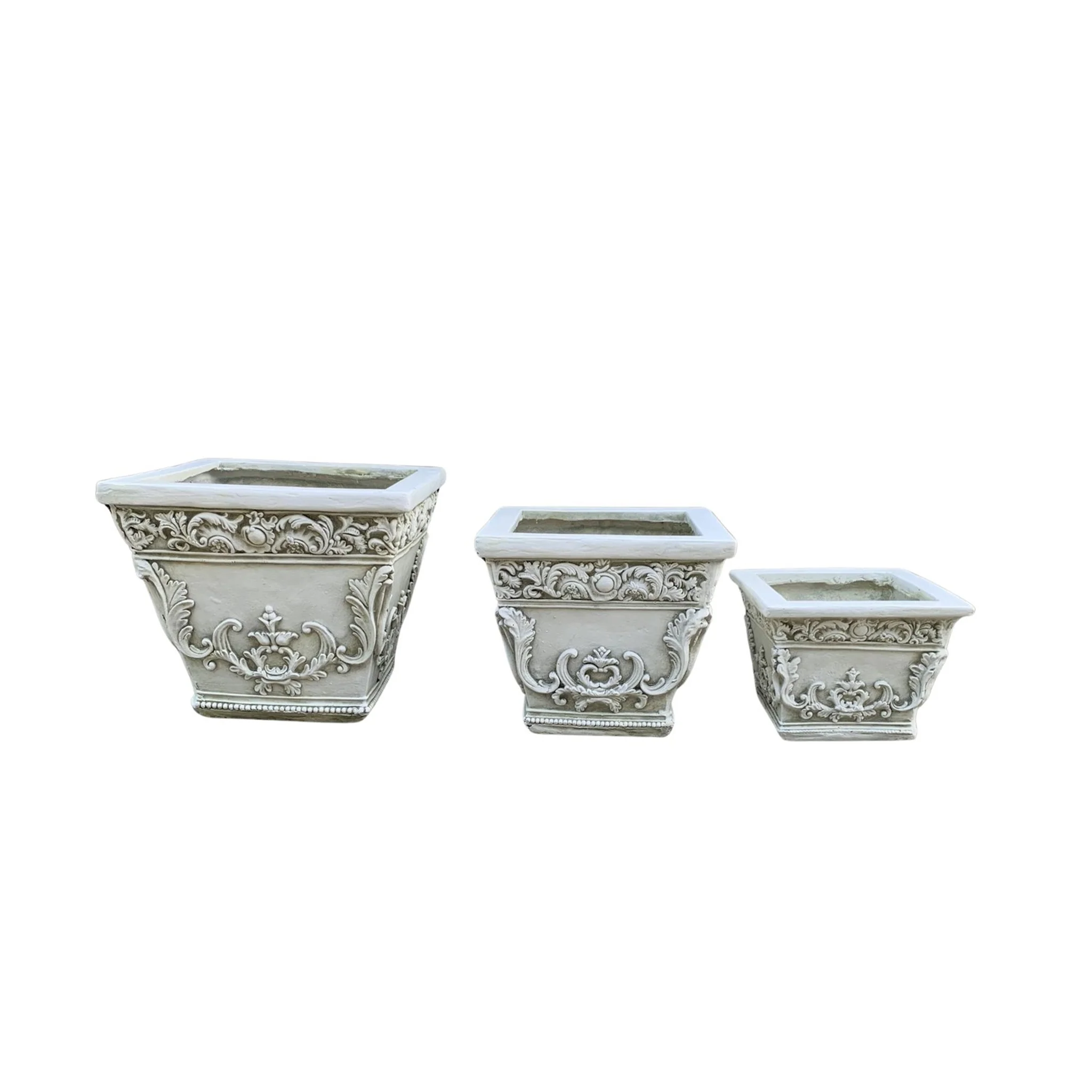French Scrollwork Square Planters – Set of 3 Antique White - Image 2