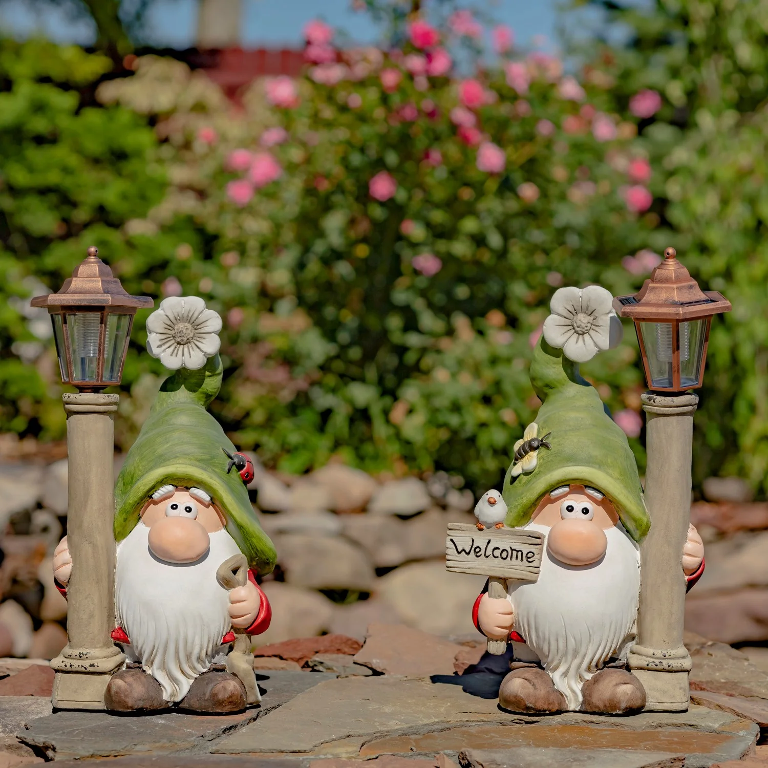 Garden Gnome Statues Set of 2 with Solar Lantern Posts & Welcome Sign 18"