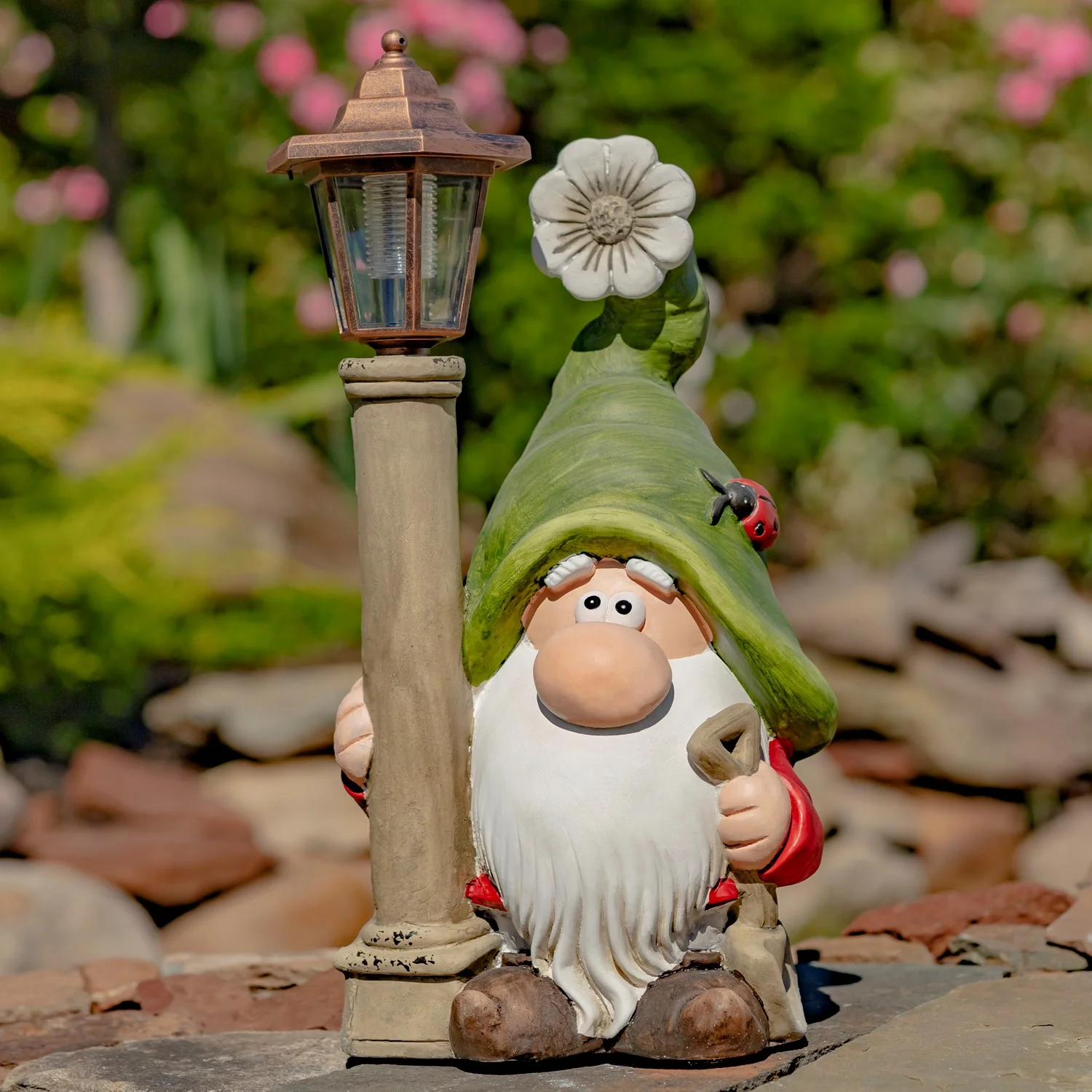 Garden Gnome Statues Set of 2 with Solar Lantern Posts & Welcome Sign 18" - Image 2