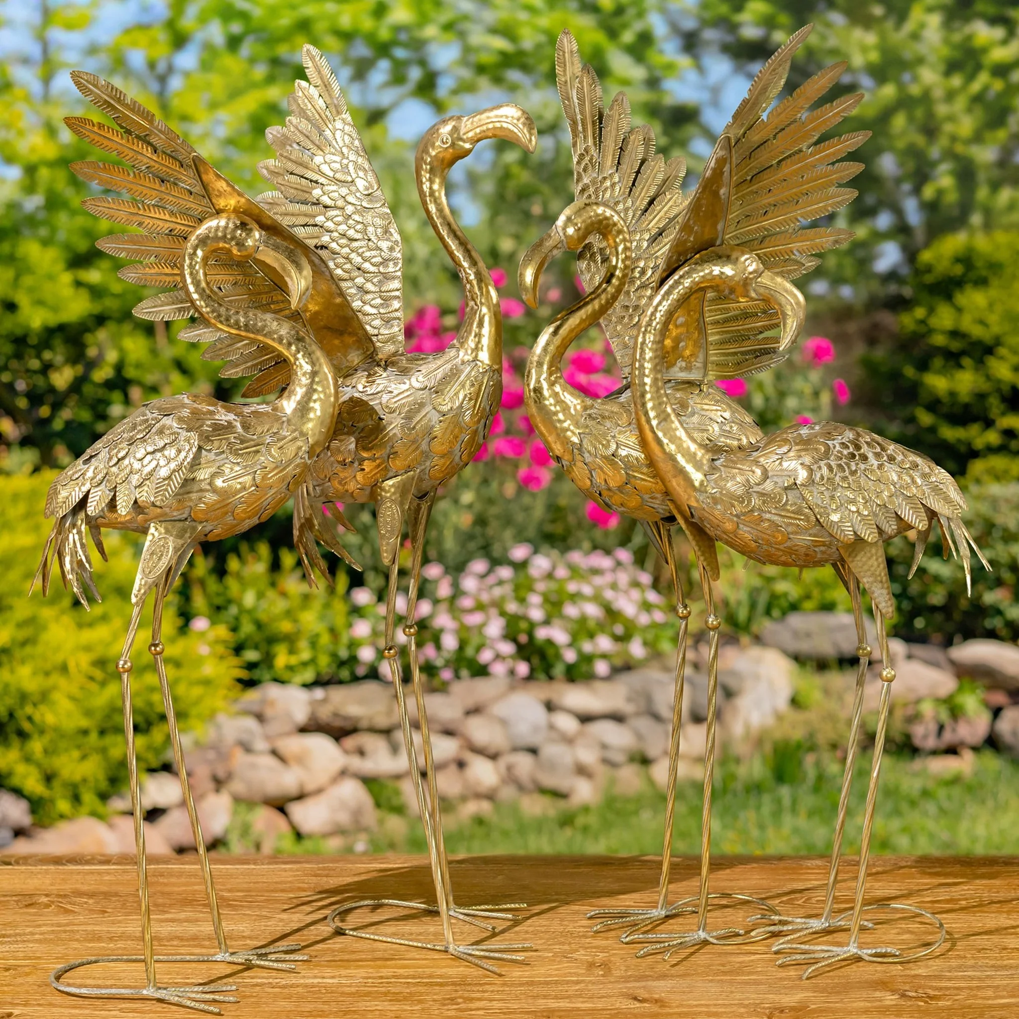 Set of 4 Assorted Metallic Gold Flamingo Garden Sculptures 40.5" H