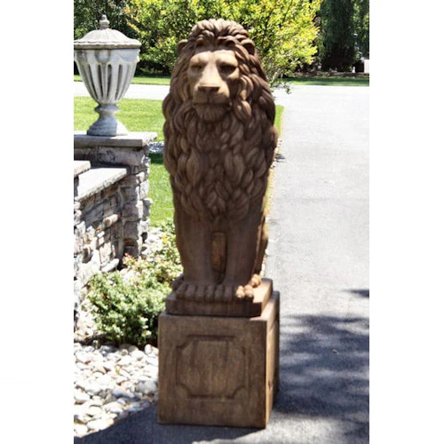 Grand Sitting Lion Cement Statue on Plinth - Image 3