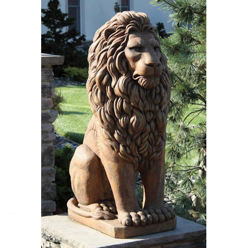 Grand Sitting Lion Cement Statue on Plinth - Image 4