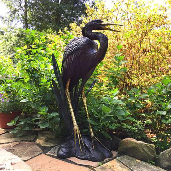 Heron in Grass Fountain Bronze Statue - Image 2