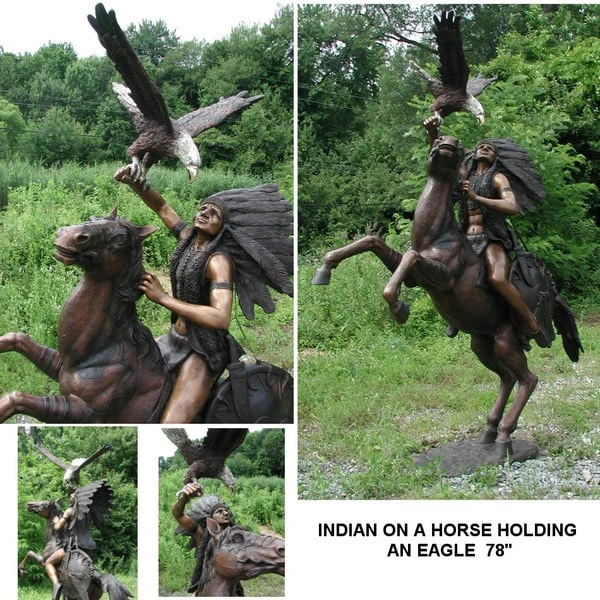 Indian On A Horse Holding An Eagle 78" Life-Size Statue