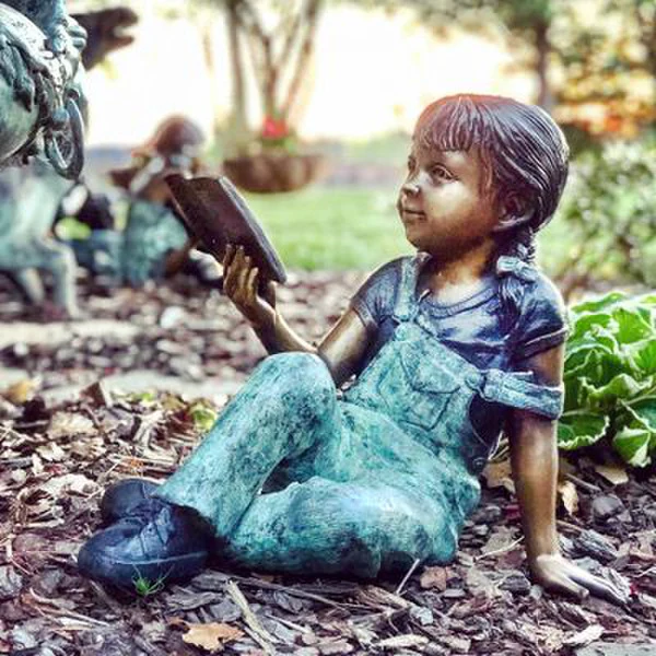 Little Girl Reading Book Bronze Statue - Image 2