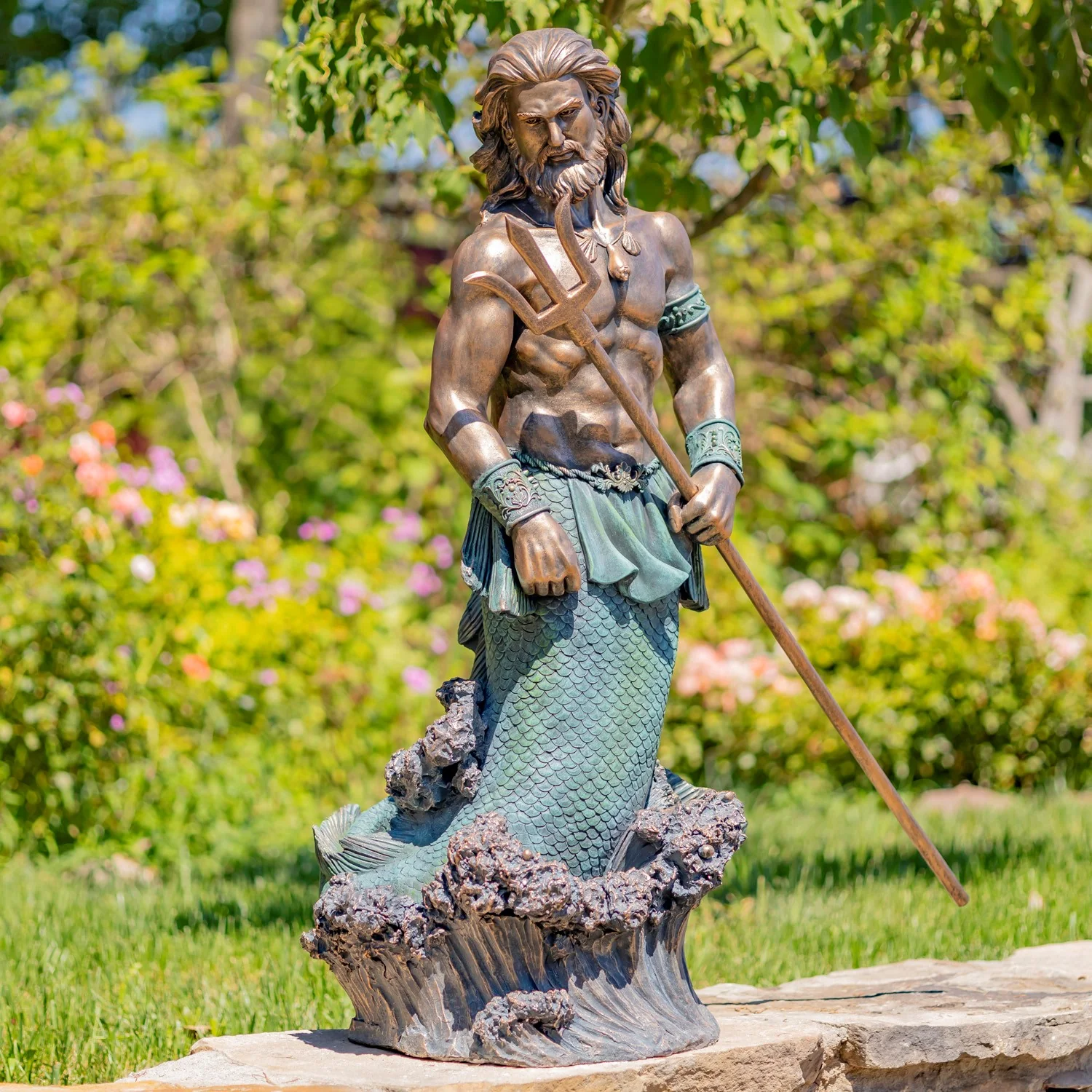 Merman Neptune Garden Statue Holding Trident 50" High