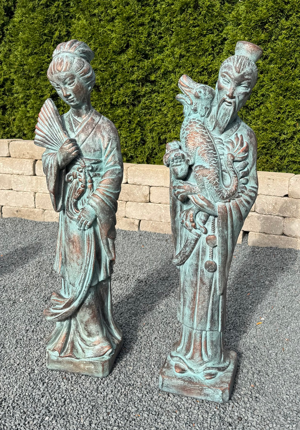 Asian Mandarin Man and Fan Maiden Statue Pair 40"  High