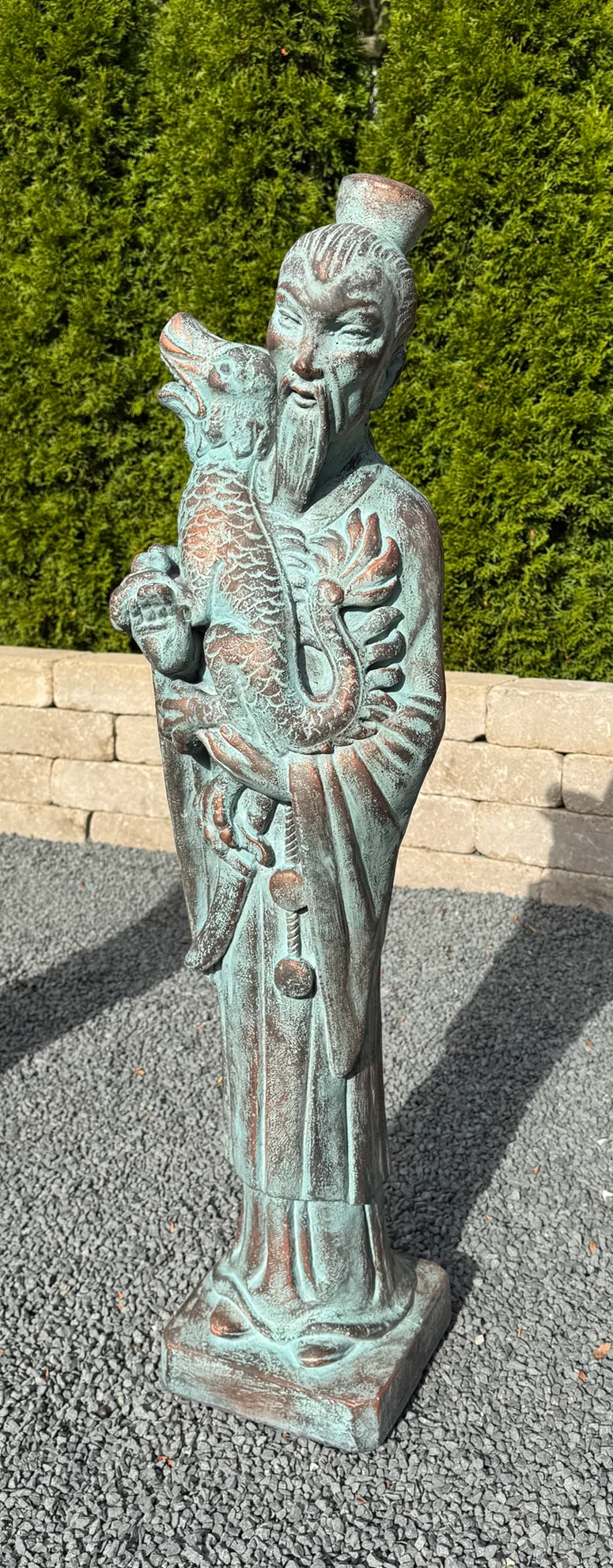 Oriental Mandarin Man Holding Dragon 40" High Cast Stone - Image 2