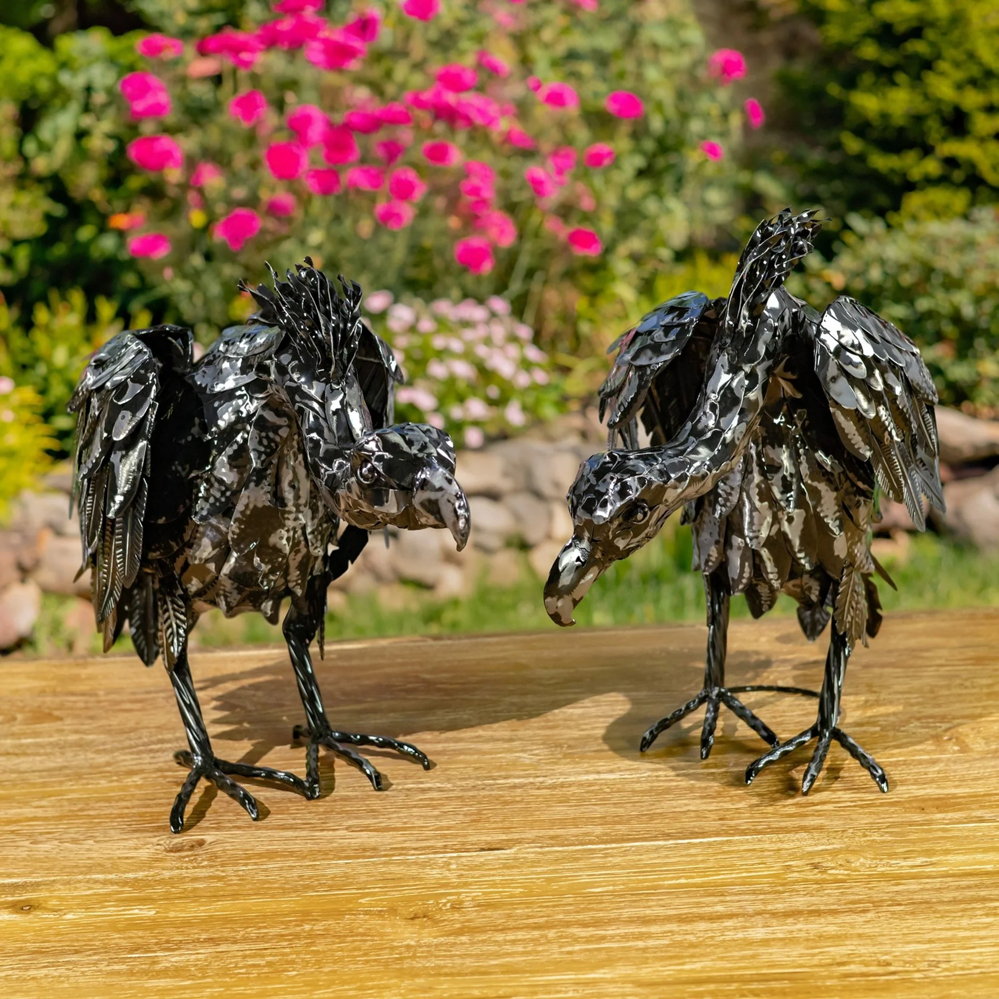 Set of 2 Galvanized Iron Vulture Sculptures Scavengers 18.5" H