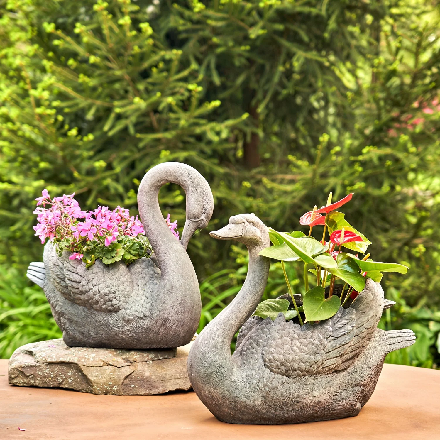 Swan Planters Set Head Up and Head Down Statues