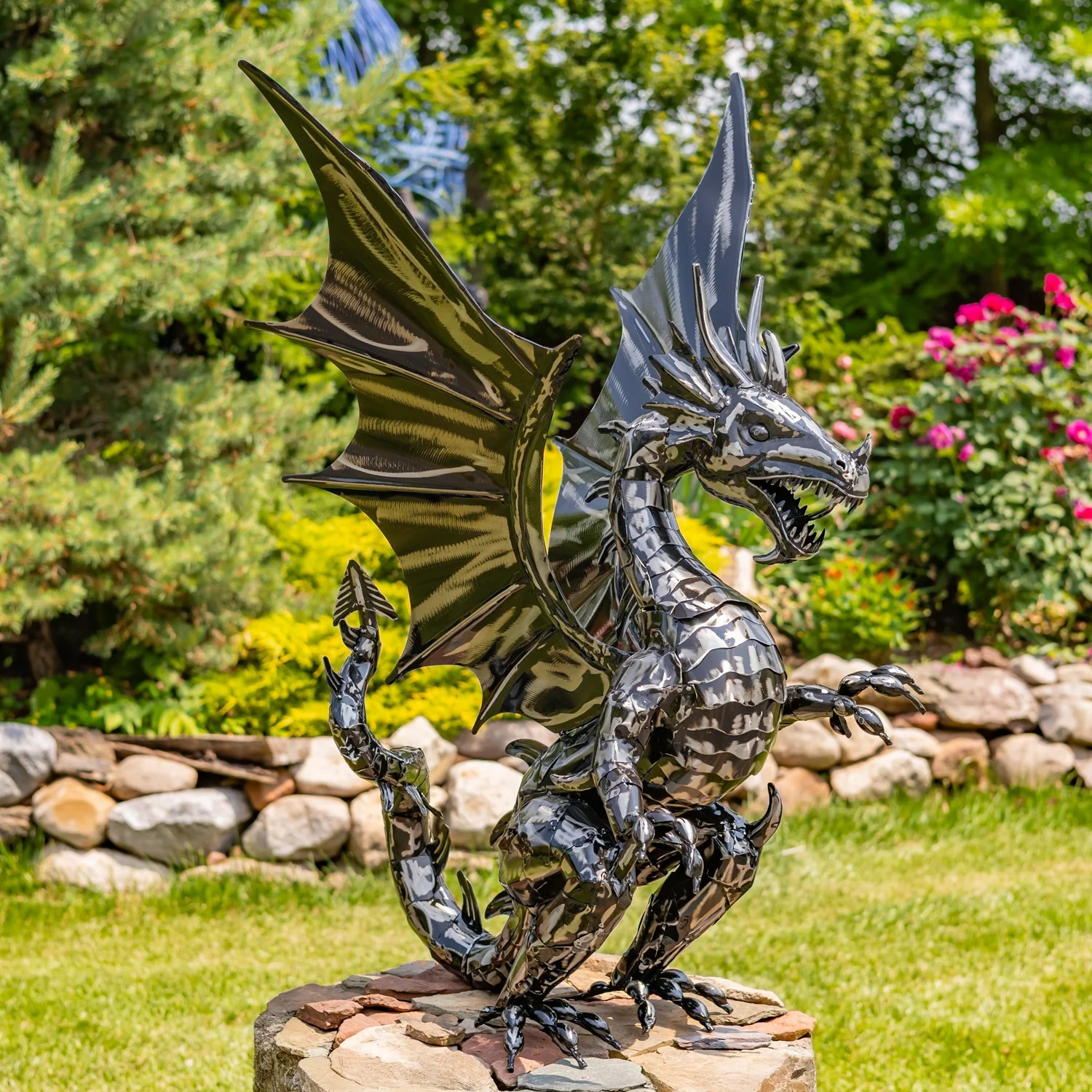 Tall Ferocious Metal Dragon Statue 44" High