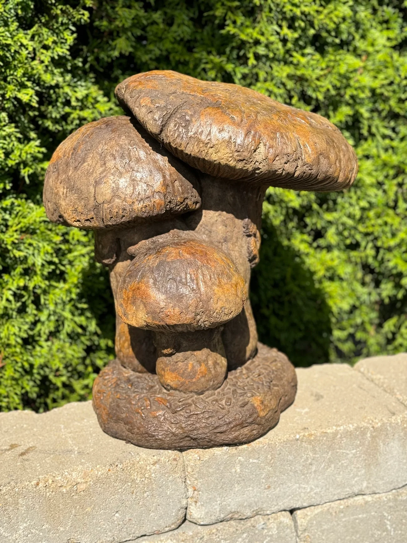 Triple Mushroom Garden Sculpture Cement 17" High
