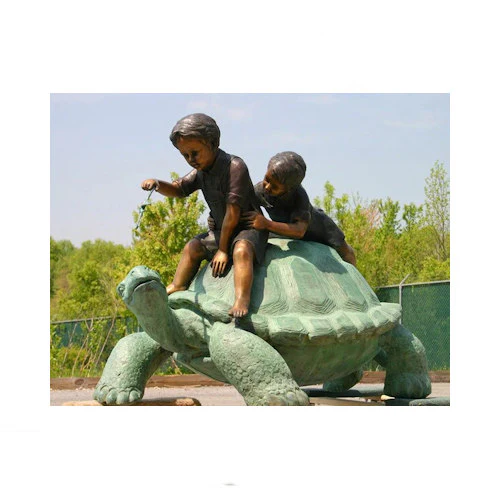 Two Boys Riding Turtle Bronze Sculpture 41" High - Image 2