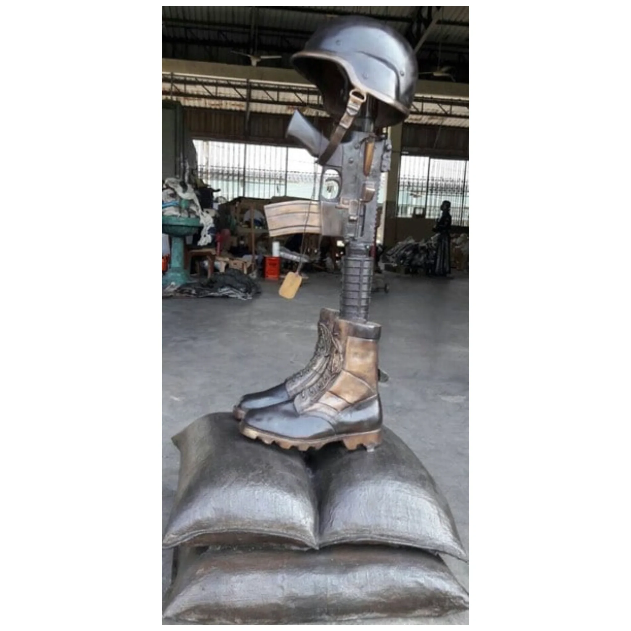 War Memorial Battle Cross Boots Gun Sandbags Bronze Statue - Image 3