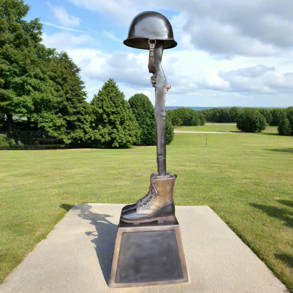WW II War Memorial Battle Cross Boots & Gun on Pedestal - Image 2